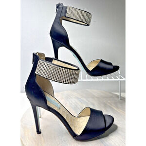Betsey Johnson Rhinestone Ankle Strap Heels Black Satin Open Toe Women’s 9.5